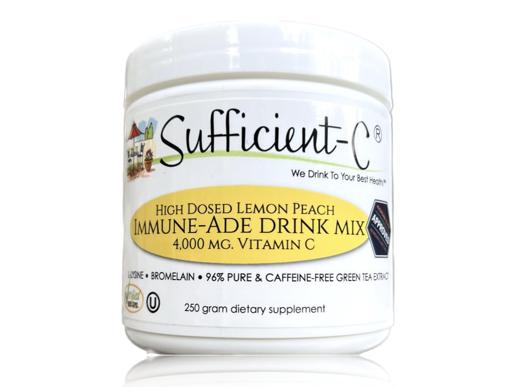 Suffisant-C High-Dosed 4000 mg. Vitamine C Lemon Peach Immune-Ade Drink Mix 250 grammes Taille - Rafraîchissant avec de la L-lysine, Bromelain et 96% Extrait de thé vert pur, sans caféine