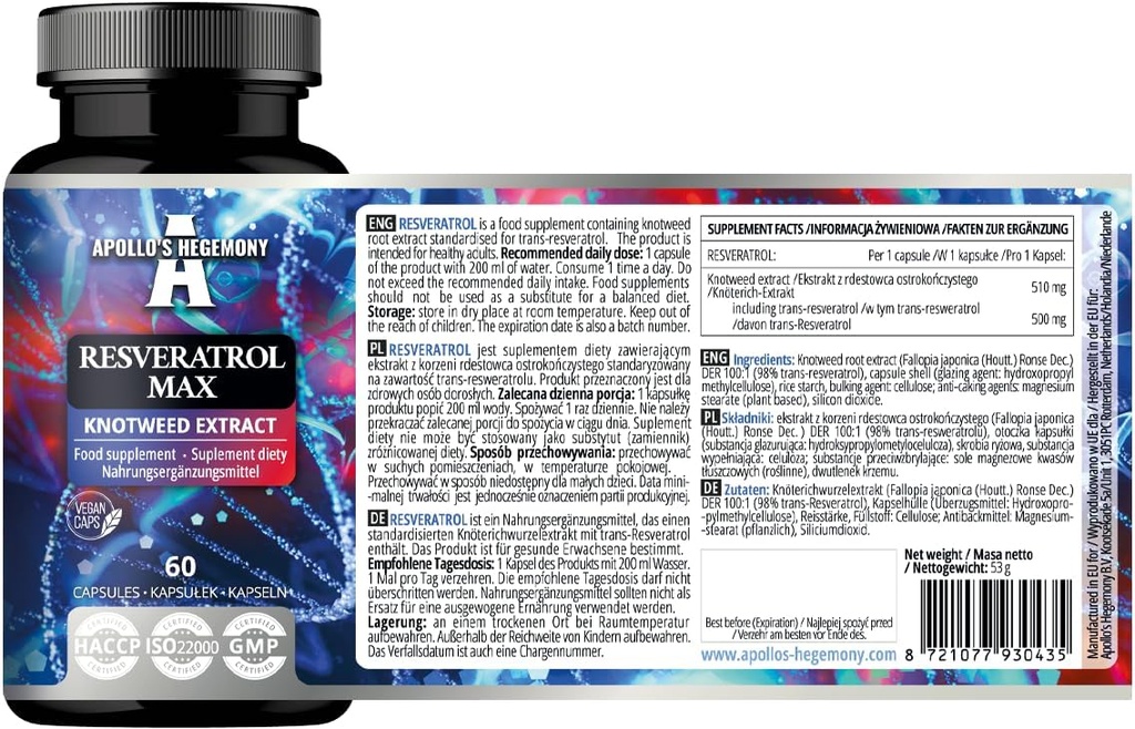 APOLLO'S Hegemony Resveratrol Max - 500 mg per capsule - 60 Vegan Capsules - Hoge zuiverheid 98% Extract - Ondersteunt Circulatory Health - Natural Antioxidant - Dieetsupplement