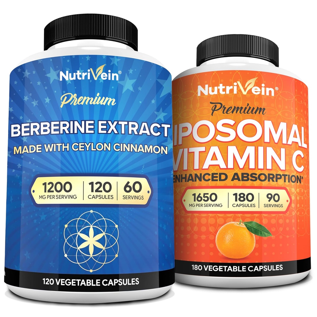 Nutrivein Premium Berberine et supplément de vitamine C liposomique: capsules de vitamine C à haute absorption et supplément de berbère pour l'immunité, le métabolisme et le bien-être équilibré