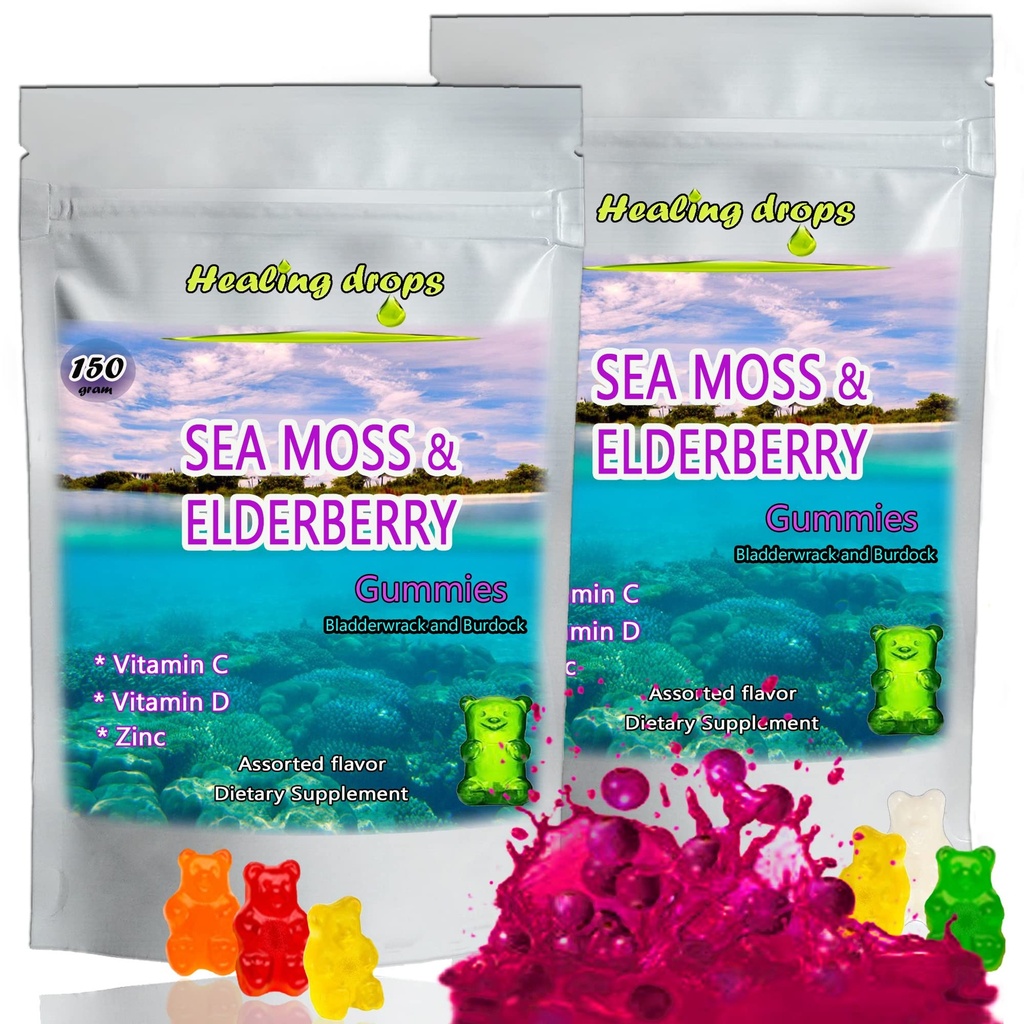 Gommies de mousse de mer d'Irlande – Gel de poudre de soude séché au soleil, cru biologique sauvage - avec racine de dard de Bladderwrack – Alkaline Keto Vegan Non-OGM – Détox cutané (Elderberry)