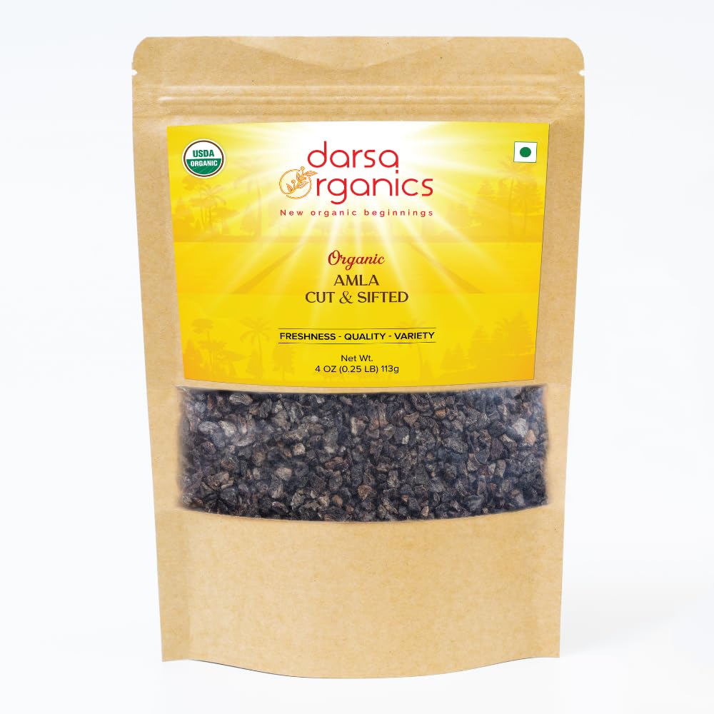 Darsa Organics Indian Gooseberry, Gedroogde Amla Cut & Sifted 4oz - USDA Biologische Amla voor kruidenthee, gezonde recepten, haargroei & immuniteit, rijk aan vitamine C & Antioxidanten, Vegan, niet-GMO, glutenvrij, Kosher