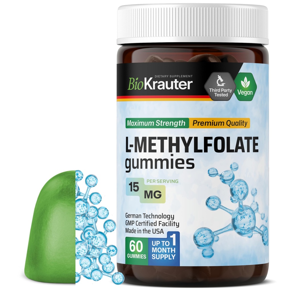BIO KRAUTER L Méthylfolate Gommies - 25 mg DFE - 60 véganes - Supplément MTHF - Supplément folate - Gommes d'acide folique (Vitamine B9) - Formule sans gélatine