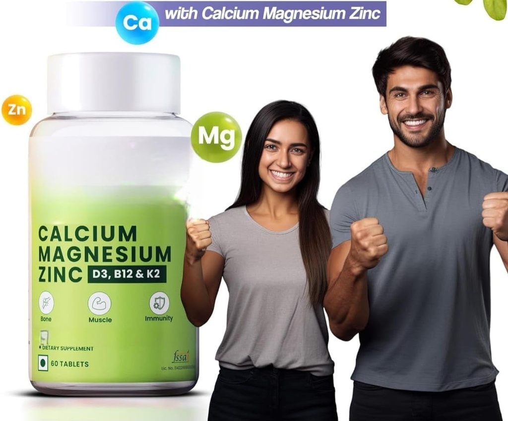 Calcium, Magnesium, Zink met Vitamine D3 & B12, 1000mg I 60 Veg Tablets