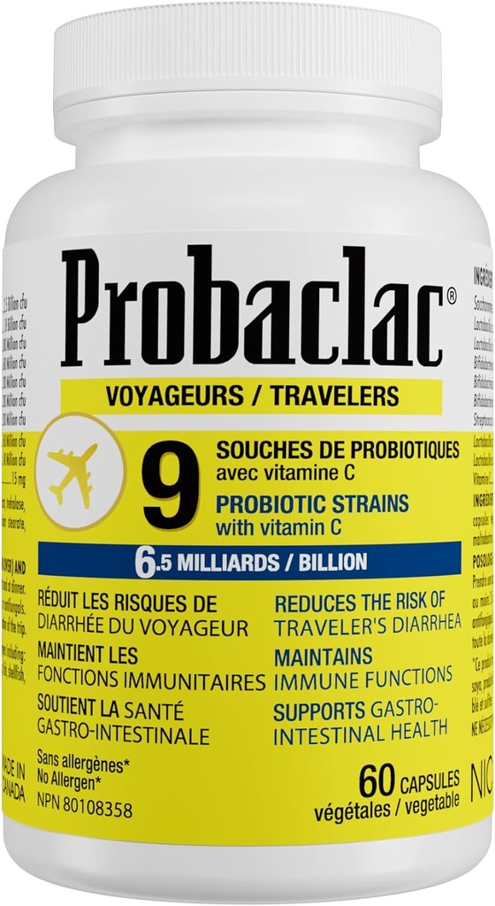 Natuurlijke Reizigers Probiotica, het verminderen van het risico van diarree, Bevat vitamine C, Immuun ondersteuning, Glutenvrij, Reisgrootte, vakantie, cruise en vliegtuig reizen Essentials, Veganistisch, 60 Capsules