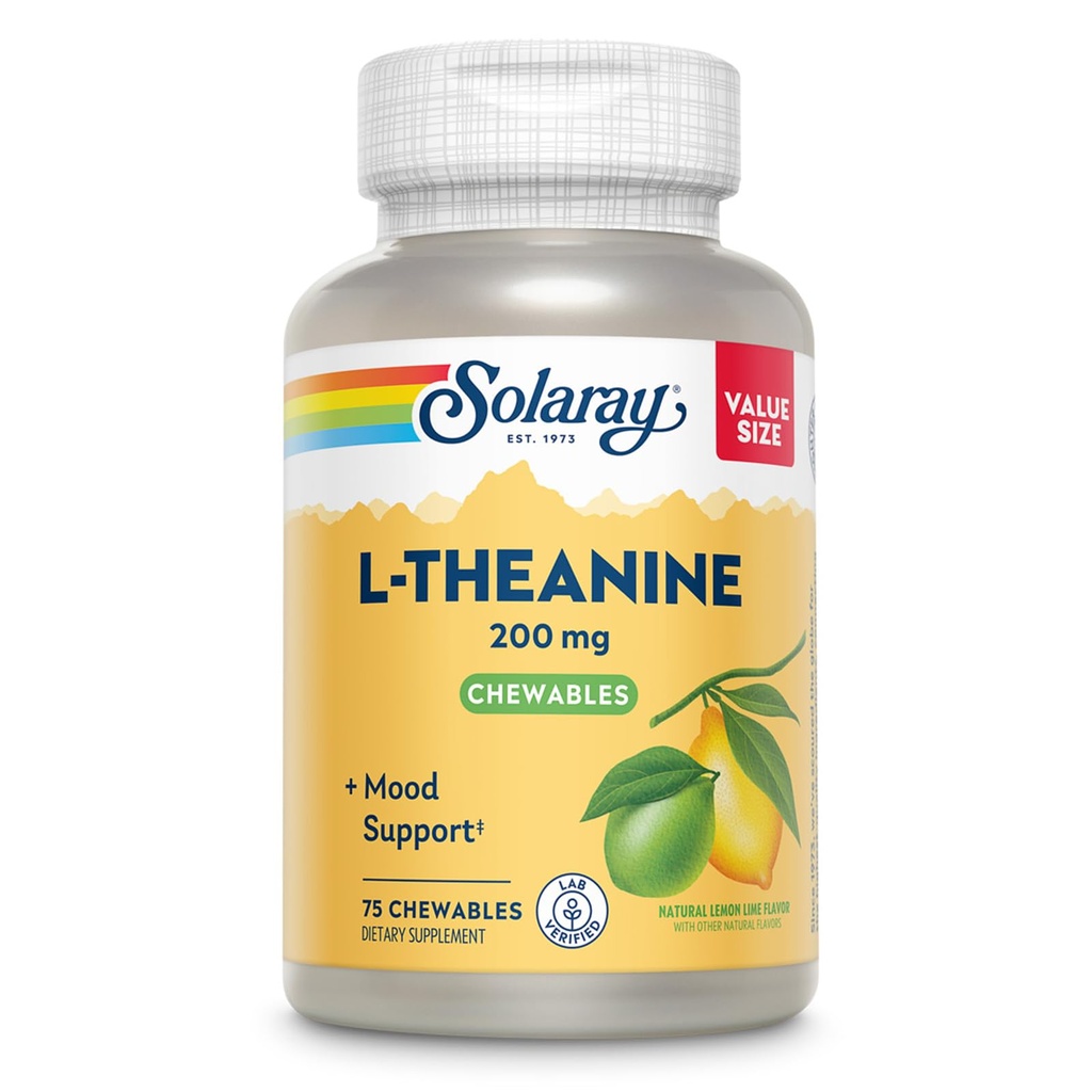 SOLARAY L Theanine 200mg, Mood Ondersteuning Supplement met vitamine B6 - Kalmerende ondersteuning tijdens het af en toe stress - natuurlijke citroen limoen smaak - 60-dag garantie, Lab geverifieerd - 75 porties, 75 kauwtabletten