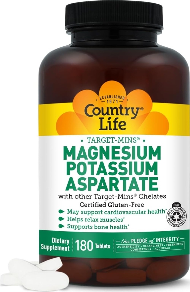 Country Life Supplément de magnésium et de potassium pour la santé cardiaque, le soutien cardiovasculaire, le système immunitaire et la santé osseuse, sans gluten