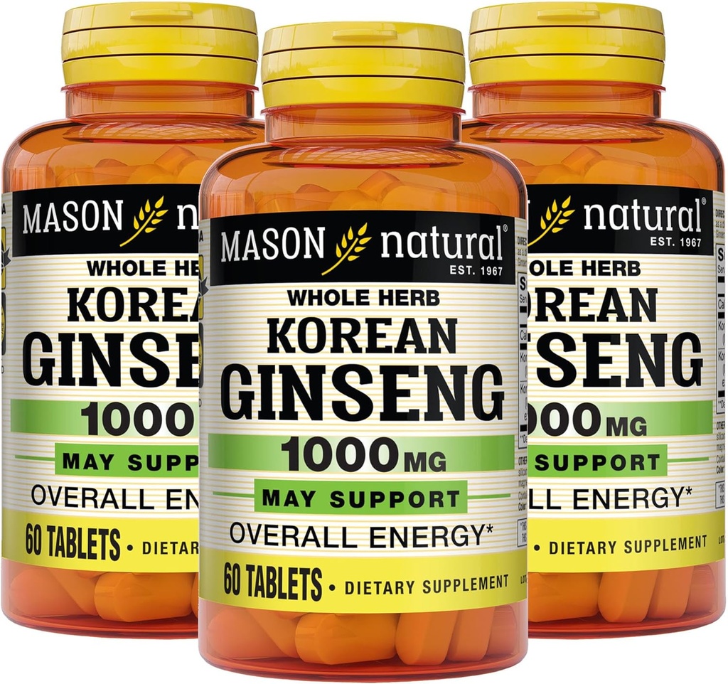 MASON NATURAL coréen Ginseng 1000 mg, soutient l'énergie, l'endurance et la vitalité, 60 comprimés, pack de 3