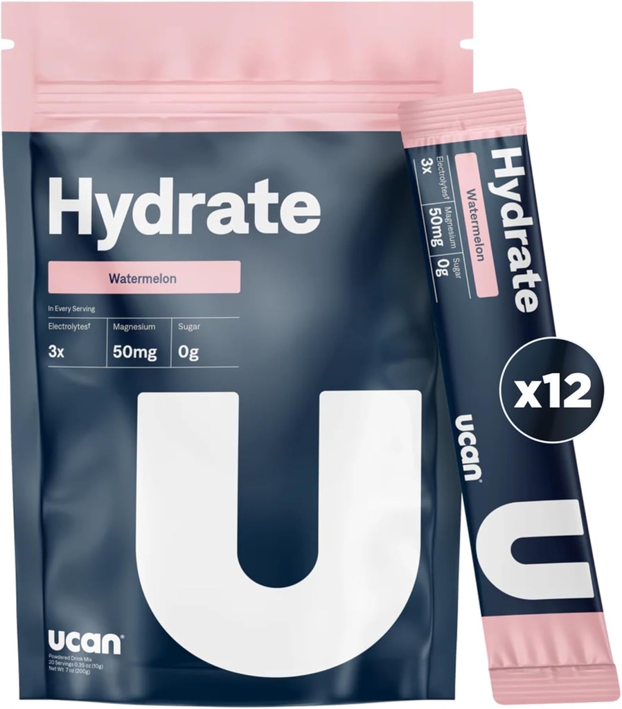 UCAN Hydrate Electrolyte Drink Mix (Watermeloen, 12 Stickpacks) Sugar-Free, Keto-Friendly, Veganistisch, Non-GMO, Glutenvrije Electrolyte Poeder met Kalium & Magnesium voor Runners & Atleten