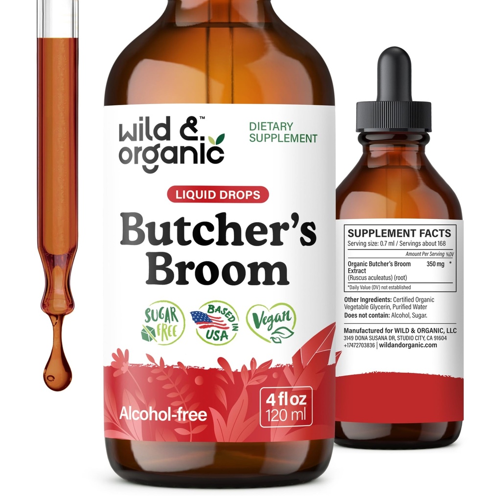 Bouchons sauvages et biologiques Teinture de balai - Supplément de soutien des jambes - Ruscus Aculeatus Racine gouttes - Herbal Butchers Supplément de balai - végétalien, sans alcool et sucre - 4 fl oz