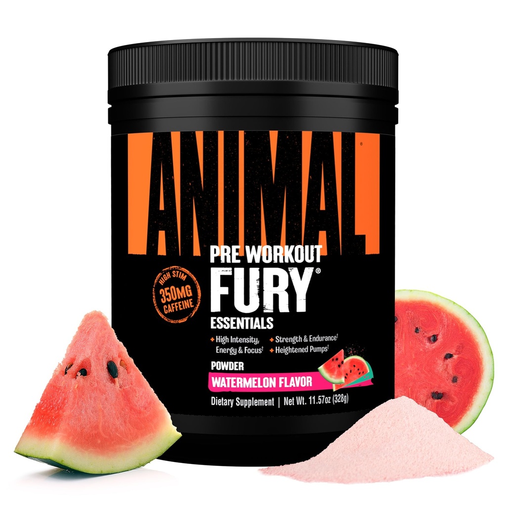 Animal Fury Pre Workout Powder - Watermeloen, 350mg Cafeïne, BCAA Aminozuren, 2g Beta Alanine, Citrulline & Tyrosine, Energie, Focus, Kracht, Duurzaamheid, Vooropleiding voor mannen en vrouwen, 20 Servers