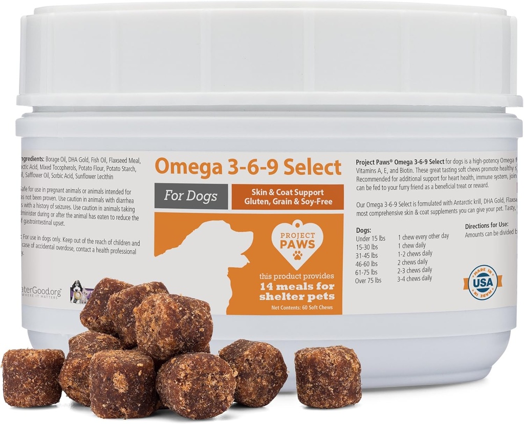 Project Paws Omega 3-6-9 Select Fish Oil for Dogs - Krill Oil Skin and Coat Supplement - 60 Tellen