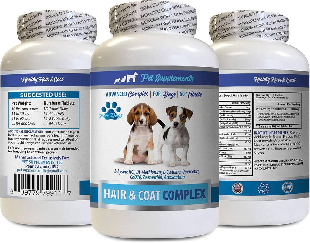 Hondenhuid en jas supplementen - Honden Hair and Coat Complex - Advanced Skin Relief - Good for Nails - Hondenvitamine e - 1 Fles (60 tabletten)