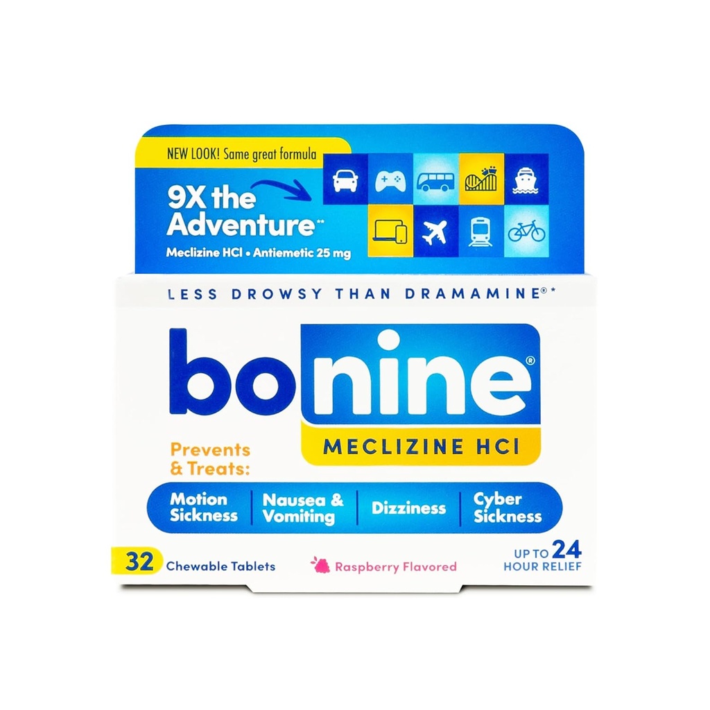 Soulagement de la maladie des mouvements non somnolents - Comprimés à croustilles avec la méclizine HCL 25mg - Médecine non somnolente pour les nausées ou la maladie des mouvements - Essentiels de croisière - Arôme de framboise, 32 Comprimés à croustilles