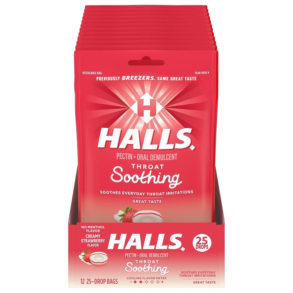 HALLS Gorge apaisante (précédemment HALLS Breezers) Gorge aux fraises crémeuses, 12 sacs de 25 gouttes (300 gouttes totales)