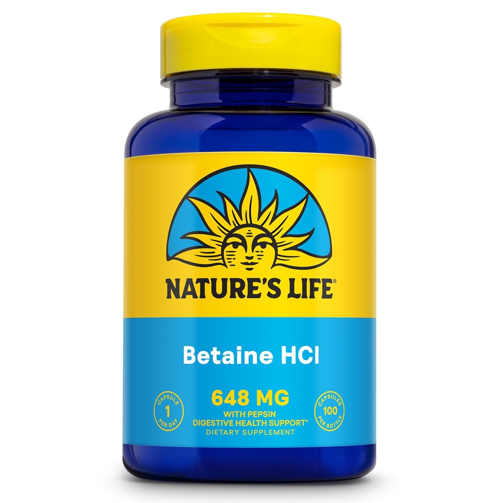 NATURE'S LIFE Betaine HCL with Pepsin - Digestive Health Formula with Digestive Enzymes for Gut Health Support - High Potency Hydrochloric Acid Supplement, 60-Day Guarantee, 100 Servings, 100 Capsules | Digestive Health Formula, Digestive Enzymes for Gut Health Support, High Potency Hydrochloric Acid Supplement