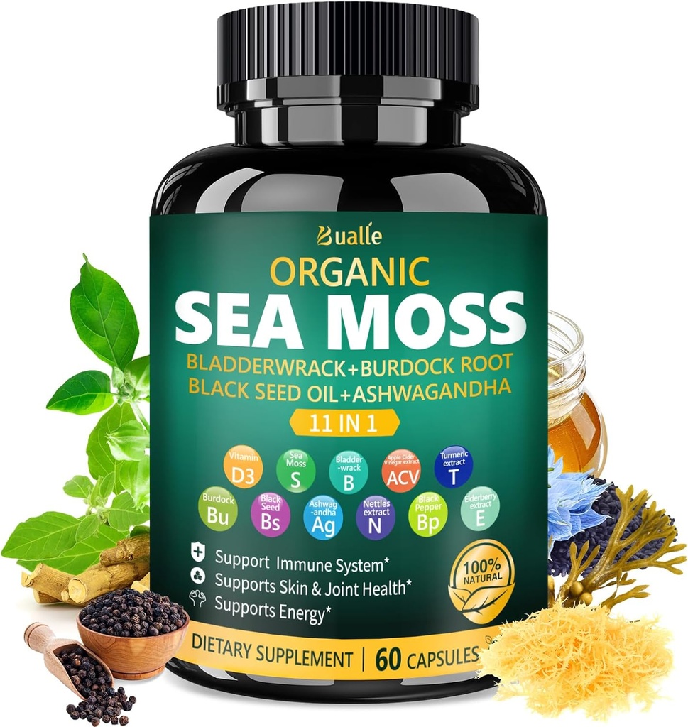 Bualle Organic Sea Moss Capsules with Black Seed Oil, Ashwagandha, Bladderwrack, Ginger & Burdock Root 