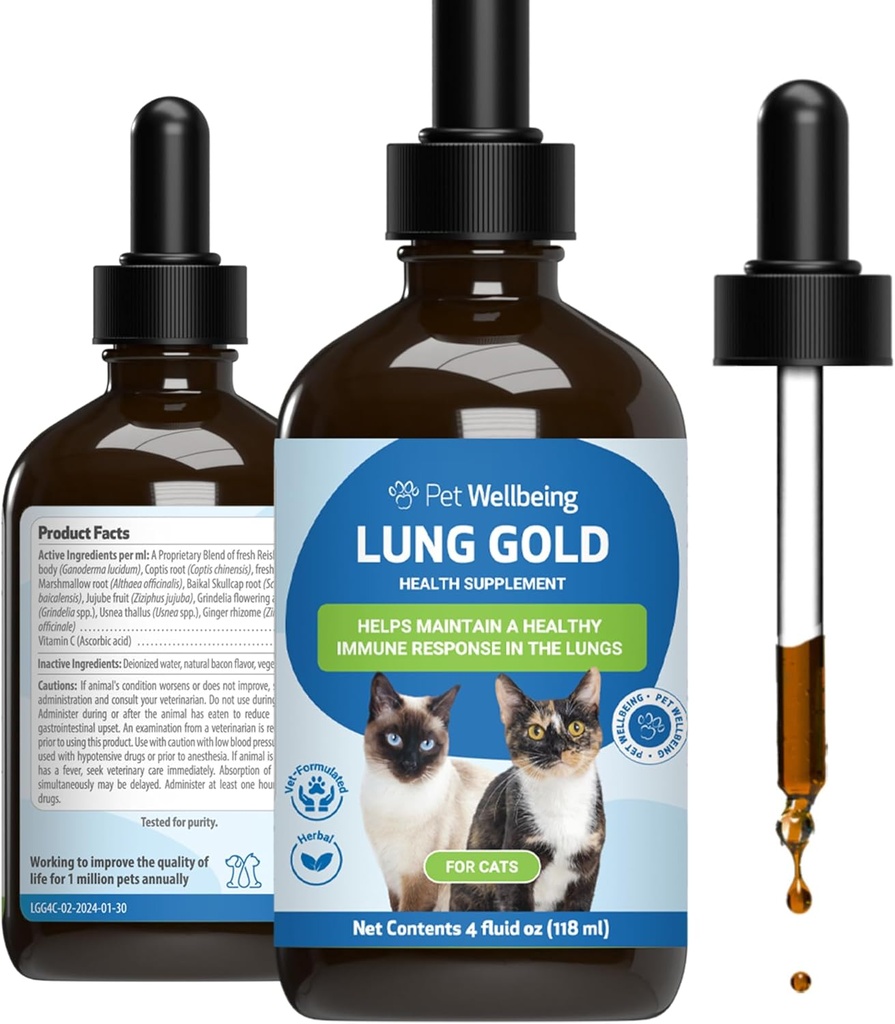 Pet Wellbeing Lung Gold for Cats - Long Immune Support, Lower Respiratory Health, Open Airways, Normal Breathing, Reishi, Coptis - Veterinair-geformuleerd kruidensupplement - 4 oz (118 ml)