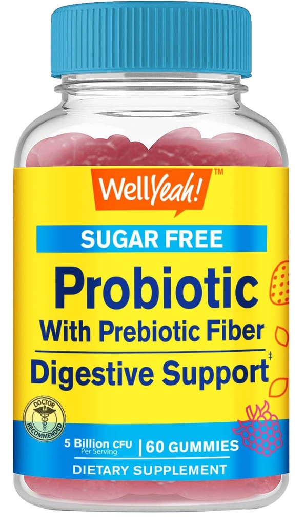 Suikervrije Probiotica met Prebiotische Gummies (5 miljard CFU) - Digestieve Ondersteuning, Gut Health en Vaginale Ondersteuning - Plank Stabiele Probiotische Gummy, Prebiotica en Probiotica voor vrouwen en mannen - 60 Tel.
