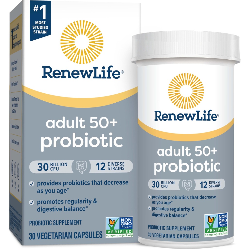 Renew Life Probiotic Adult 50 Plus Probiotic Capsules, Daily Supplement ondersteunt urine-, spijsverterings- en immuungezondheid, L. Rhamnosus GG, Dairy, soja en glutenvrij, 30 miljard CFU, 30 Tellen