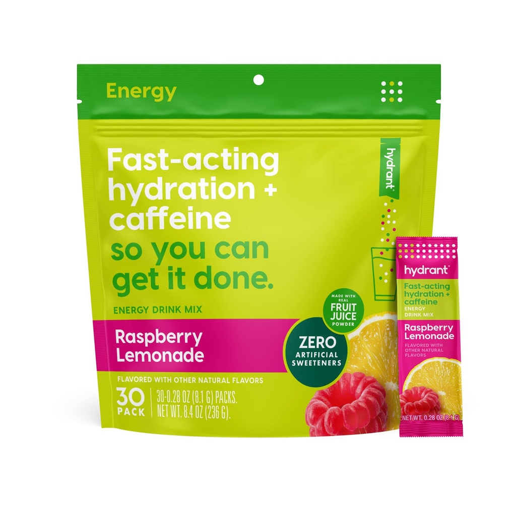 Hydratant - Energie Electrolyte Poeder, Raspberry Limonade smaak, 30 Cafeïne & L-Theanine Energie Rehydratatie Stick Packs - Low Sugar Energy Powder voor dagelijks gebruik