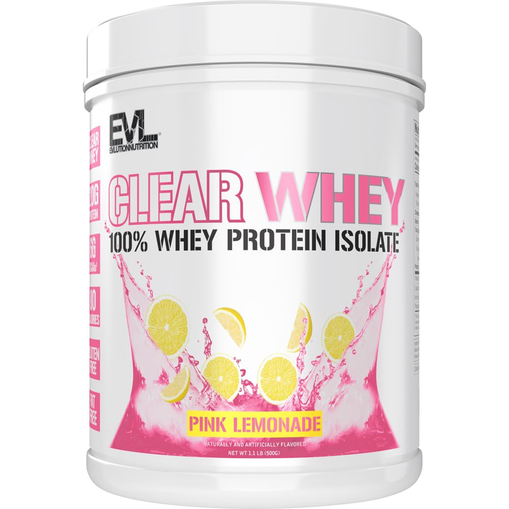 Evluution Nutrition Effacement Lactosérum - 100 % d'isolat de protéines de lactosérum - pour la croissance, la force et la récupération des muscles - 20g d'isolat par portion - Absorbage rapide - Sans gluten et sans gras - 1,1lb - Cimonade rose