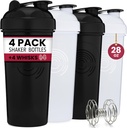 GOMOYO 4-Pack - 28 Once Protein Shaker Bouteille pour Mélanges, 4xWire Whisk, Des mélanges de complément de vrac de preuve fuite et pré-entraînement tasses Shaker, lave-vaisselle sans danger et sans BPA, noir et blanc