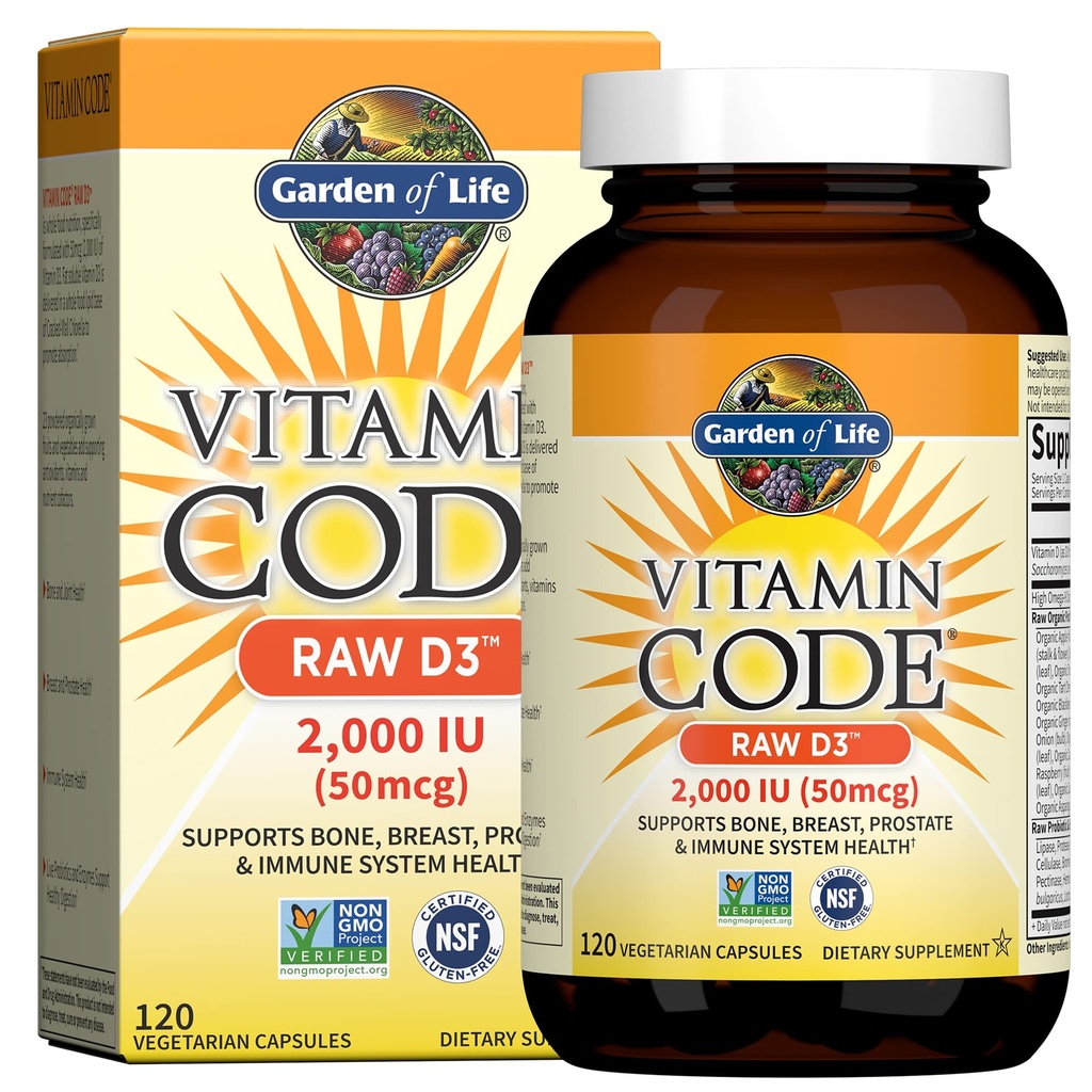 Jardin de la vie Vitamine D, Code Vitamine Raw D3, Vitamine D 2,000 UI, Raw Whole Food D3 Suppléments avec Chlorella, Fruits, Veggies et Probiotiques pour la santé des os et des immunones, 120 Capsules végétariennes