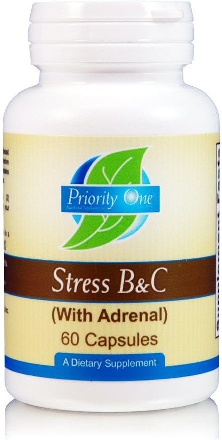 Priorité 1 Vitamines Stress B & C 60 Capsules - Complexe B avec Gland entier Adrénal pour soutenir les nerfs, la peau, les yeux, les fonctions gastro-intestinales et cérébrales en santé*.