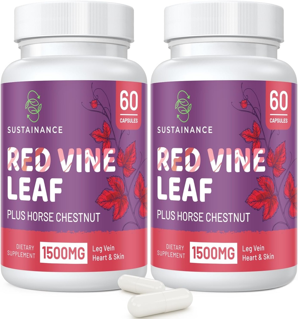 Red Vine Leaf Extract 1400mg & Horse Chestnut Extract 100mg Supplement voor been, vet, Circulatie, hart, huid (60 capsules - 2 flessen)