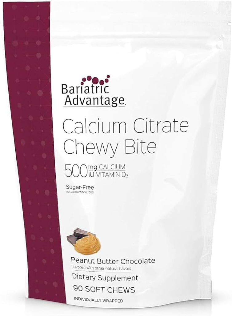 Bariatrische Voordeel Calcium Citrate Chewy Bites 500 mg - Zeer absorbeerbaar & graafbaar - Vitamine D3 - Gemakkelijk Kauwbaar Calcium Supplement - Pindakaas Chocolade - 90 Tel.