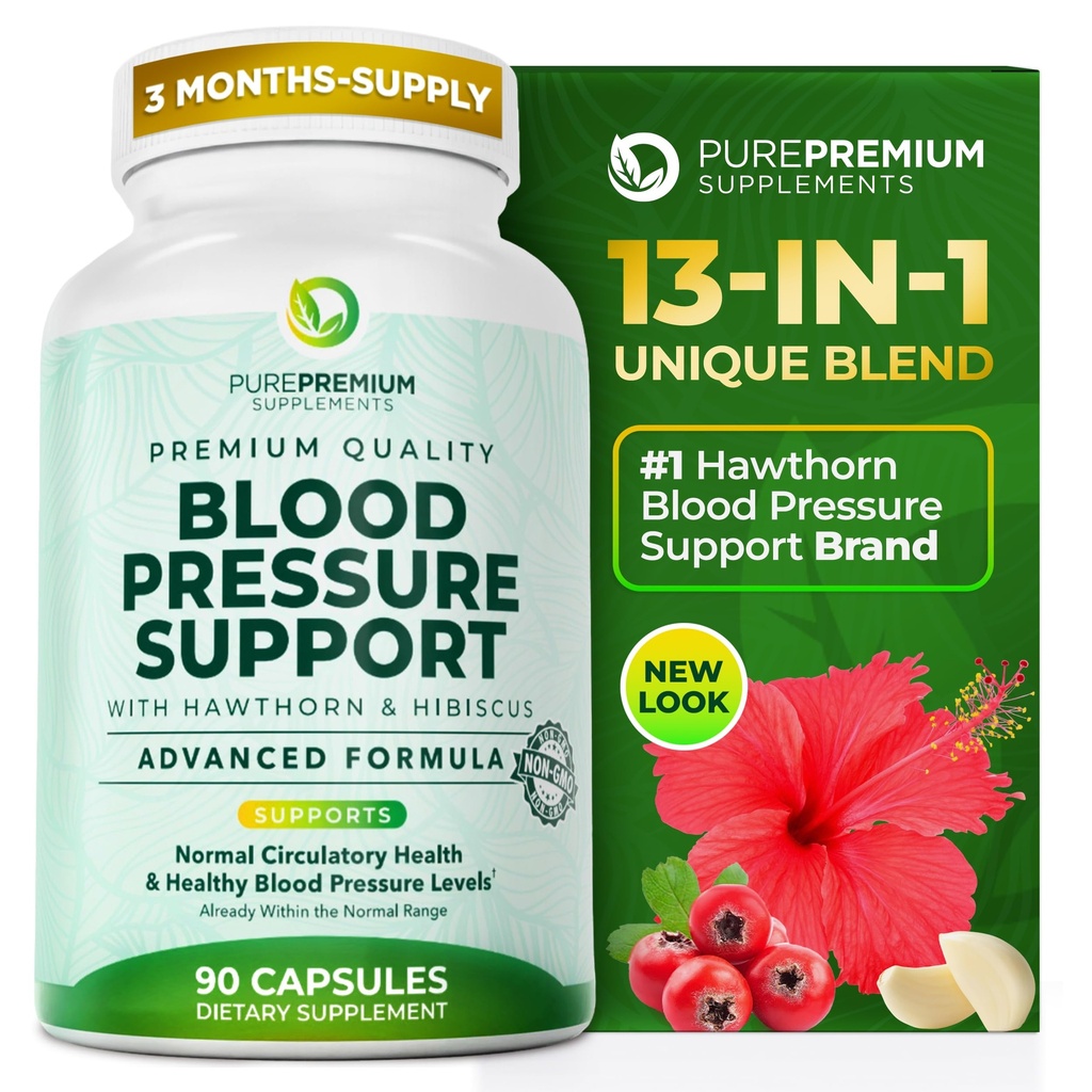 Suppléments de pression artérielle PurePremium avec Berry Hawthorn, Hibiscus, Ail et Vitamine B12- Supplément d'oxyde nitrique pour la santé cardiaque normale, la circulation Santé et soutien de la pression artérielle - 90ct