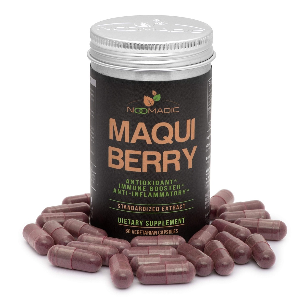Noomadic Maqui Berry, 60 capsules de 500mg chacun, antioxydant (haute ORAC), système immunitaire de soutien, soutient les yeux secs (supporte la production de la tear), extrait normalisé (10% anthocyanes)