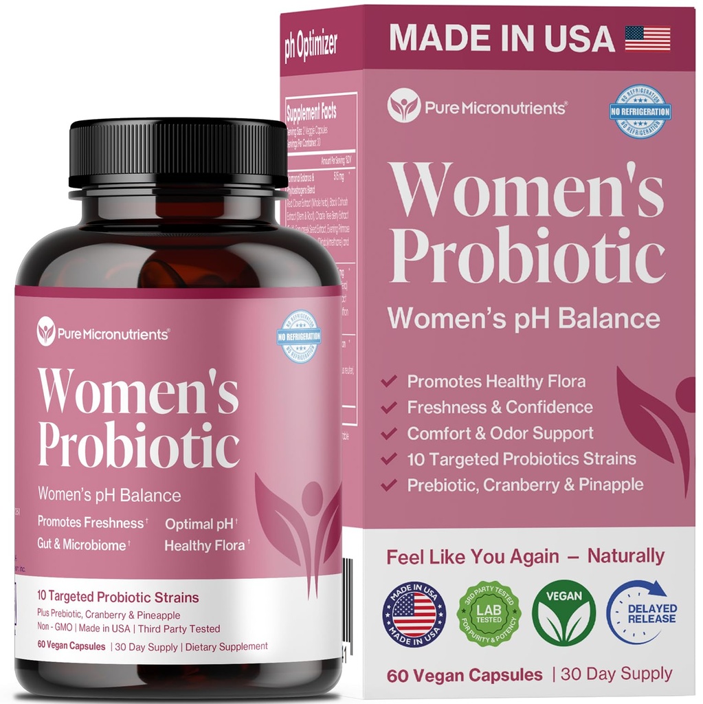 Pure Micronutriënten pH-balans Vaginale Probiotica voor vrouwen - Odor & Itch Ondersteuning - Vaginale gezondheidspillen met Cranberry, Lactobacillus & Prebiotica - Vrouwelijke Wellness Dagelijkse Supplement - 60 capsules