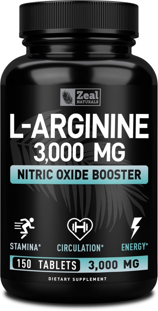 Zeal Naturals L Arginine 3000mg Capsules (150 comprimés de 1000mg) Maximum Dose L-Arginine supplément à l'oxyde nitrique pour soutenir la croissance musculaire, la fonction vasculaire et l'énergie - Booster d'oxyde nitrique