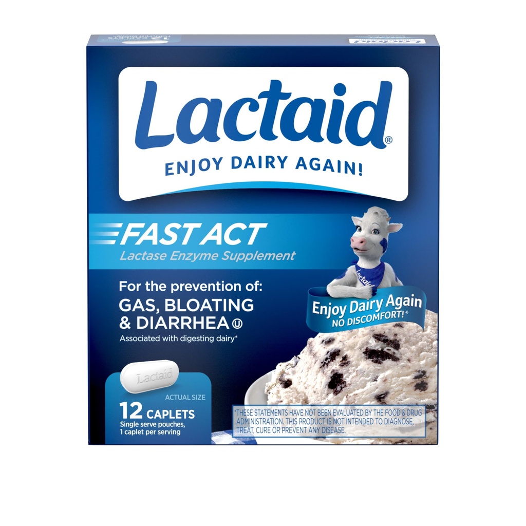 Lactaid Fast Act Lactose Intolerance Relief Caplets with Lactase Enzyme to Prevent Gas, Bloating & Diarree Vanwege Lactose gevoeligheid, Ideaal voor reizen & on-The-Go, 12 Packs of 1-Count