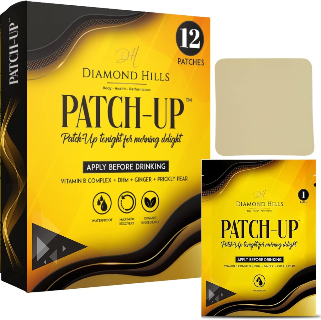 Diamond Hills Patch-Up 12pk Patches voor Party Rebound, Adult Party Favors, Waterproof, Vitamine B, DHM, Ginger, Prickly Pear