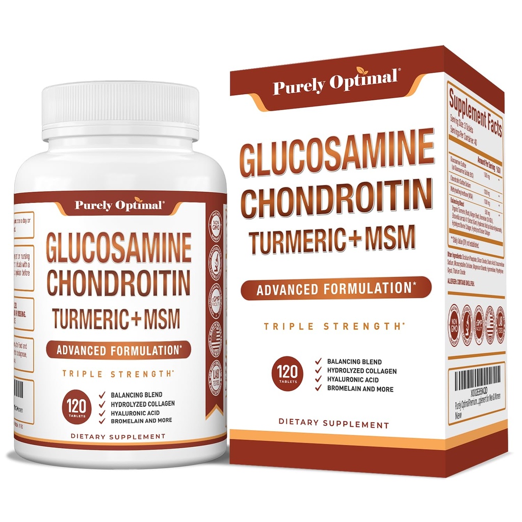 Pure Optimale Glucosamine Chondroitin MSM Supplement w/Turmeric & Boswellia - Glucosamine Sulfate Joint Supplement for Men & Women - 120 Tablets