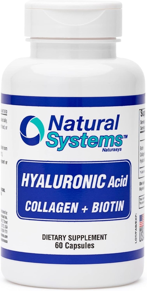 Acid Hyaluronique Plus Collagène et Biotine 60 Capsules par Systèmes Naturels - Acido Hiluronique Capsules pour Absorption accrue - Supplément Hyaluronique Hyalurique Hydraulique pour la peau - Peau forte, Cheveux, Nails