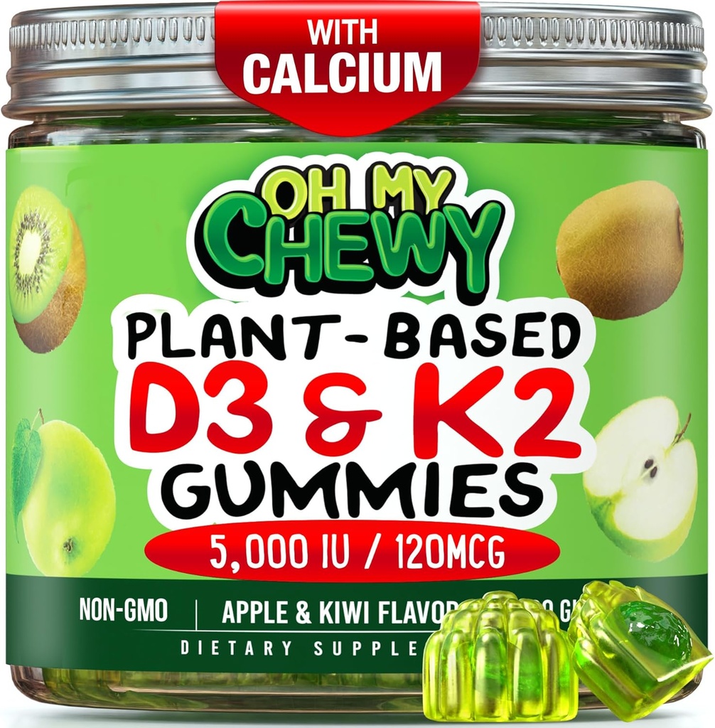 Center-Filed Vitamin D3 K2 Gummies - Kids, tieners & volwassenen - Supplement for Healthy Teeth, Bone, Energy & Immunity - 5000 IE D3, 120 mcg K2(MK-7), 120 mg Calcium - Vegan & Non-GMO - 60 Tel.