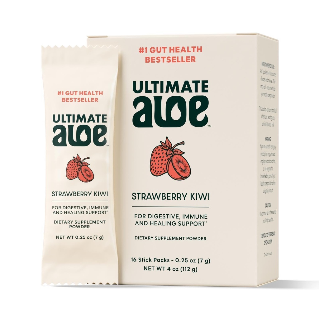 Poudre d'aloès ultime – Fraise Kiwi Flavor, soutient la santé digestive, le système immunitaire et la guérison normale, Aloe dans les emballages en poudre pratiques, 16 paquets, sans gluten, végétalien, non-OGM