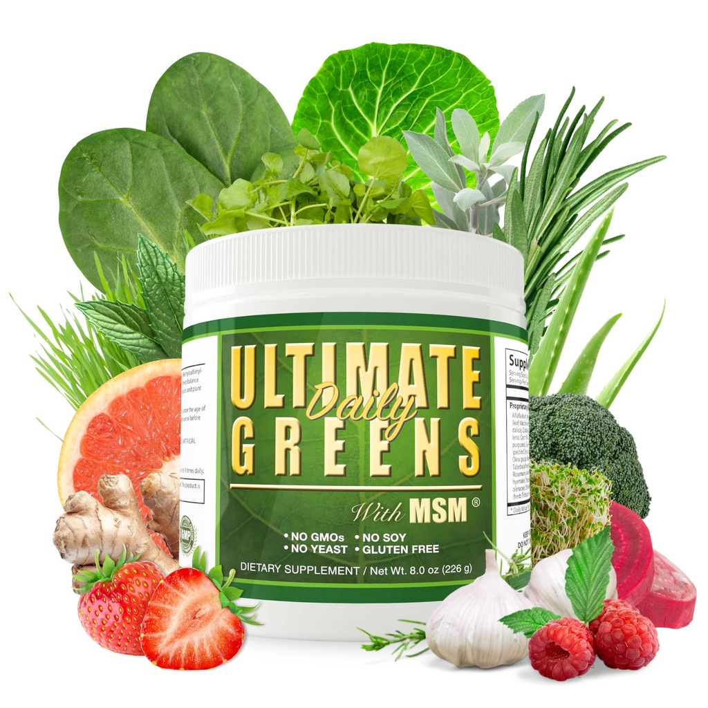 Dagelijkse gezondheid, Ultimate Greens met MSM Powder, Vegan Friendly Natural Ingrediënten Gluten Soy Free NO GMO Superfood Plantaardige Voeding Drink Alkalibratie Energie 8oz 1 Pack (1 maand levering)