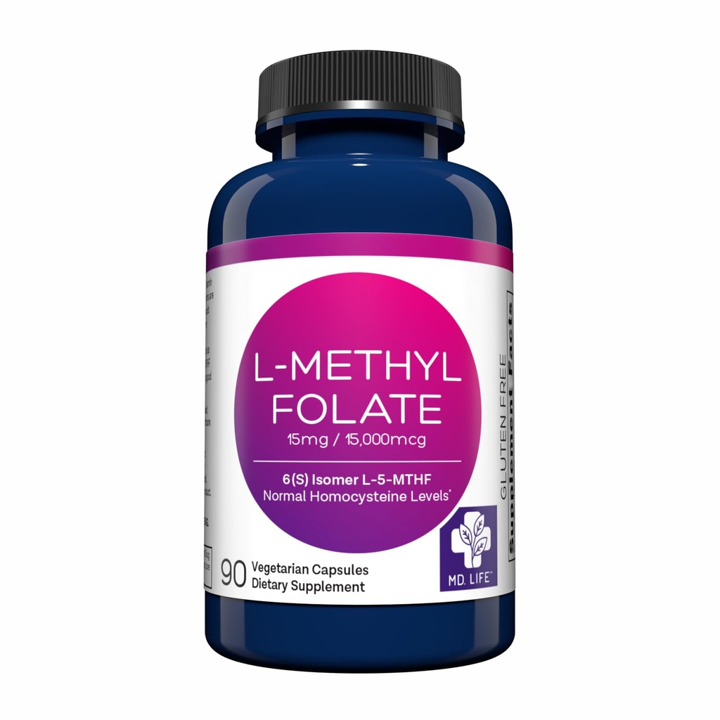 MD Life L-Methylfolaat 15 mg Supplement - Professional-Grade Active Lmethylfolaat Supplement - 90 Capsules - L-Methylfolaat 15mg - Maximale Potency MTHFR met/Essential Aminozuren