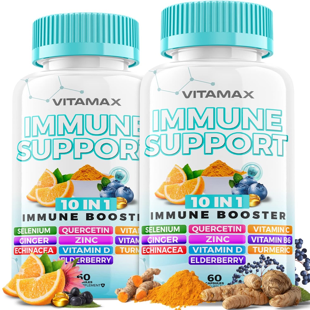 10-in-1 Immuun Ondersteuning met Vlierbessen, D3, Selenium, Quercetin, Zink, Vitamine C, Ginger, Turmeric Curcumin, B6, Echinacea 