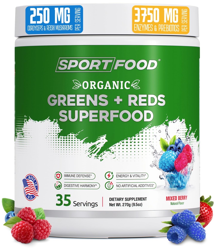 Verts et rouges organiques Superfood Poudre de fruits mixtes 25+ Super Fruits et légumes, betteraves, prébiotiques