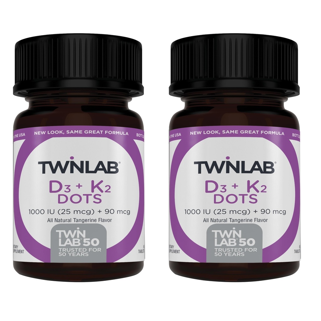 Twinlab Vitamine D3 1000 + K2 Dots - Bone & Heart Health - Immune Support - 25 mcg, 60 Tablets (1000 IE) (2 Pack)