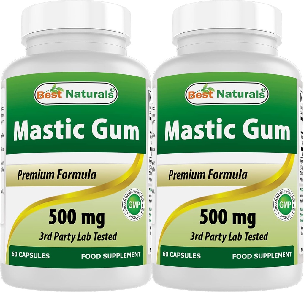 Best Naturals 2 Pack Mastic Gum Capsules 500 mg - 60 Tel - (Non-GMO) (Gluten Free) - Bevordert gezonde maag & Duodenal Health - (Total 120 Capsules)