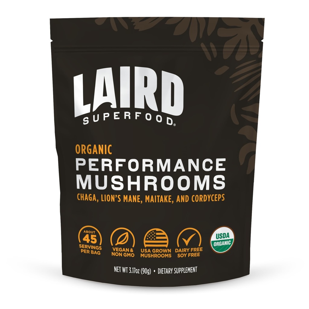 Laird Superfood Organic Performance Mushroom Blend with Chaga, Cordyceps, Lion's Mane and Maitake for Energy and Cognition, 3.17 oz. Zak, verpakking van 1