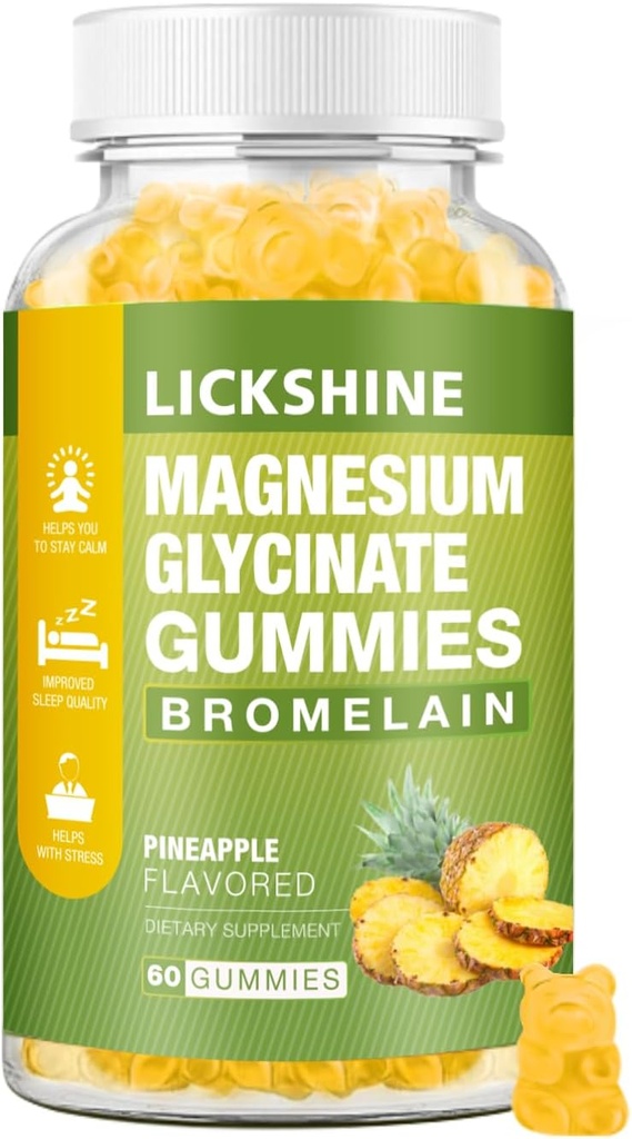 1 Pack Glycinat de magnésium Gommies 1000mg, Calcium, Potassium, Bromelain, Vitamine D, B6, CoQ10 Supplément pour la relaxation, l'humeur calme, le soulagement du stress et le sommeil pour les adultes et les enfants, 60 comtes