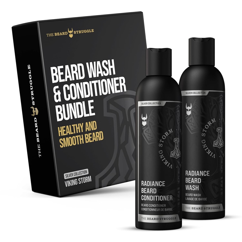 The Baard Struggle - Radiance Beard Wash & Conditioner Bundle - Silver Collection - Pack of 2, Viking Storm - Voeding, Reiniging, Softens, & Versterkt Baard - Baardwasmachine en Conditioner voor mannen