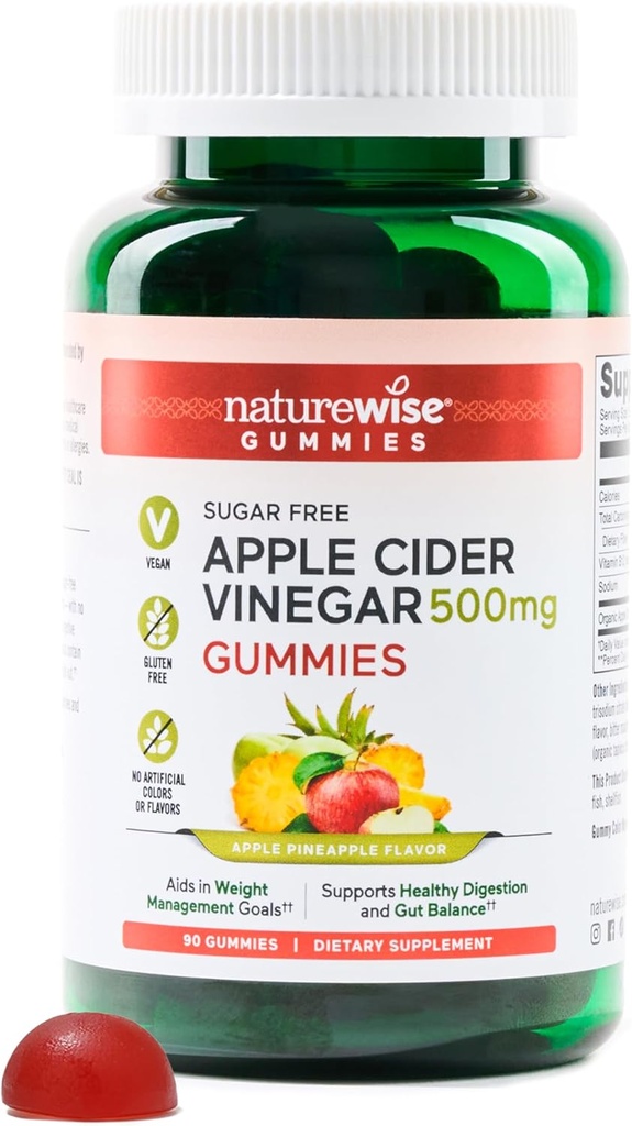 NatureWise vinaigre de cidre de pomme Gommies de vinaigre de vinaigre de cidre de pomme - 1000mg de vinaigre de cidre de pomme par 2, sans sucre, végétalien - énergie et santé Gommies de vinaigre de cidre de pomme W/vitamine B12-90 Gommies[1,5-mois d'approvisionnement pour 1000mg / 3-mois d'approvisionnement pour 500mg]